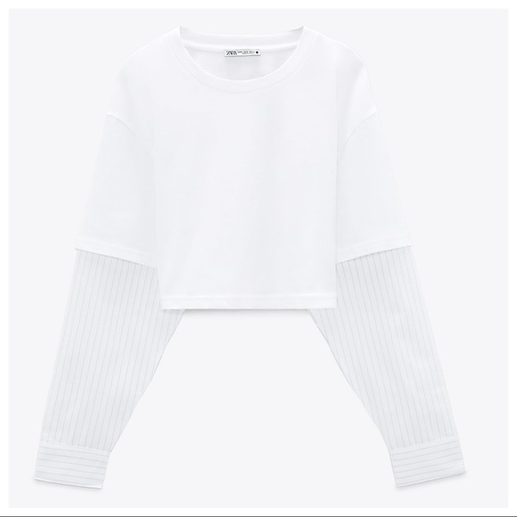 Zara Tops - NWT. Zara White Contrast Striped Cropped T-Shirt. Size L.